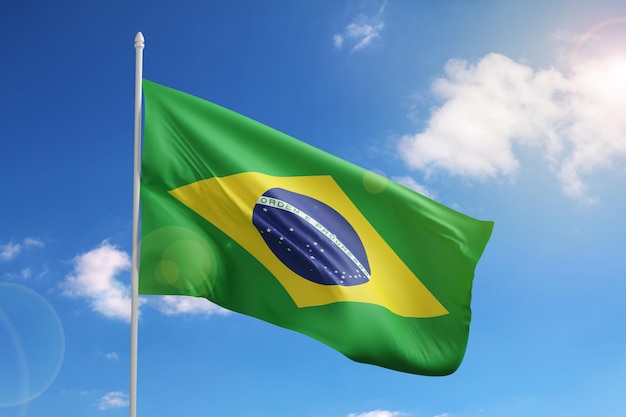 Flag of Brazil on blue sky 3d illustration