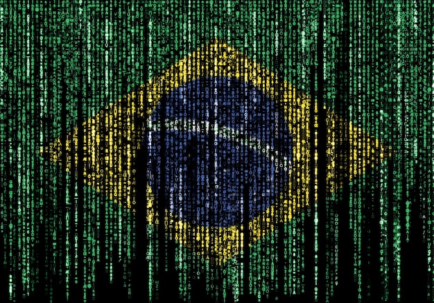 コンピューター上のブラジルの国旗のバイナリ コードが上から落ちて消えていきます