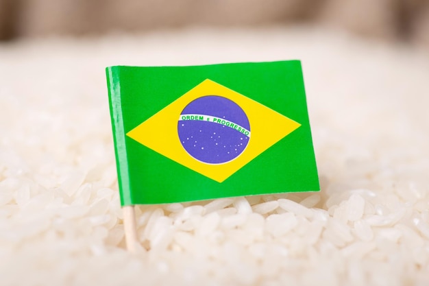 Flag of Brazil on fresh harvested rice