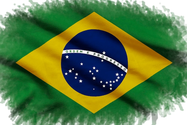 Flag of Brazil is depicted in liquid watercolor style isolated on white