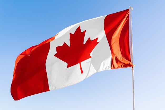 Flag of Canada waving against blue sky