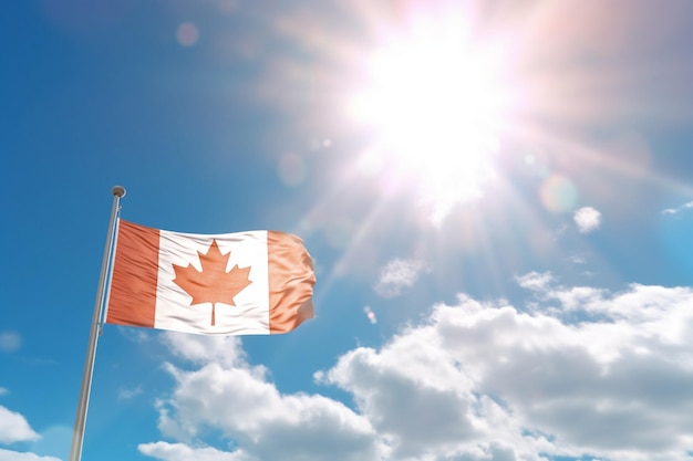 Flag of canada waving in the wind with the sun shining on it