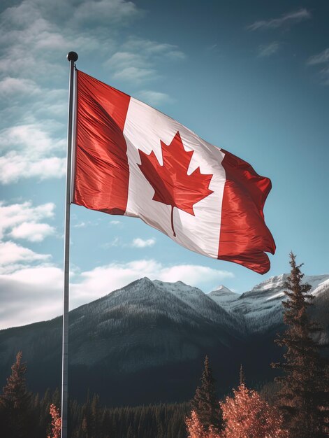 Flag of canada with a mountain in the background