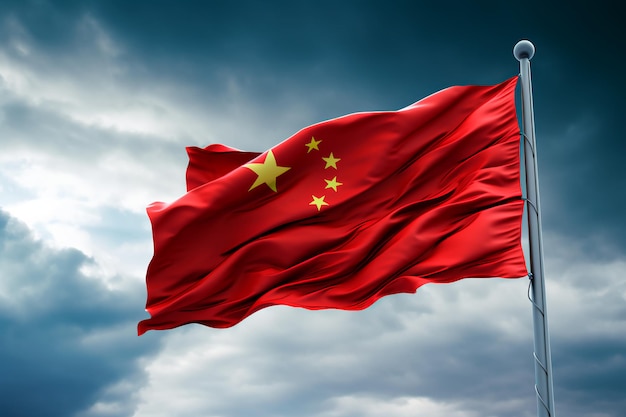 The flag of China on the background of the sky The flag flutters in the wind AI generated