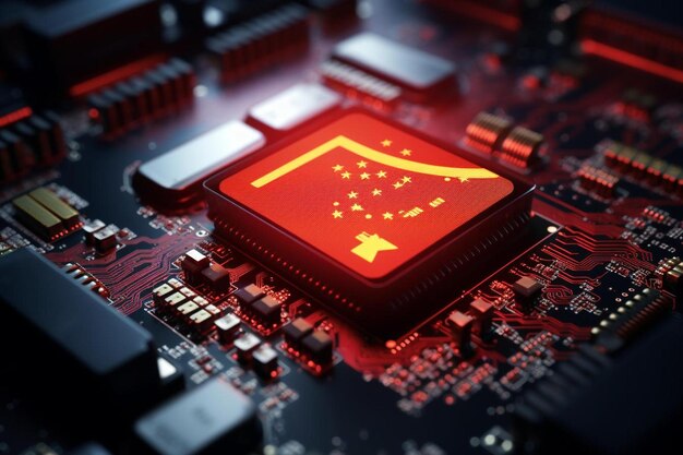 Foto bandiera della cina su un processore cpu unità centrale di elaborazione o gpu microchip su una scheda madre cina è