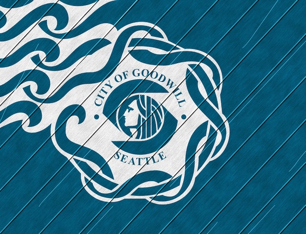 flag of the city of seattle washington usa on a background of a wooden fence conceptual collage