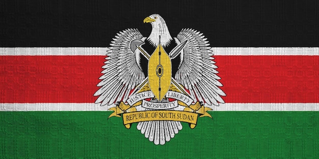 Flag and coat of arms of Republic of South Sudan on a textured background Concept collage