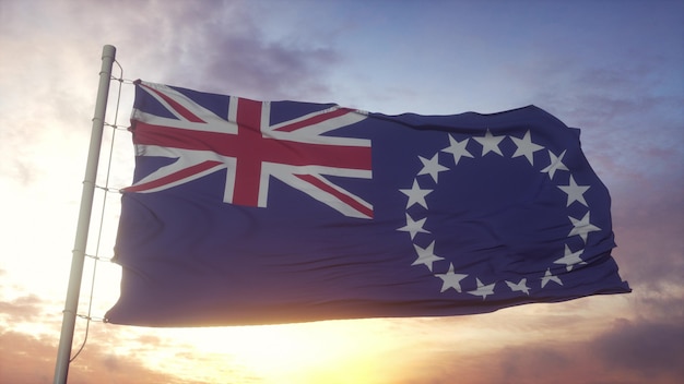 Flag of Cook Islands waving in the wind, sky and sun background. 3d rendering.