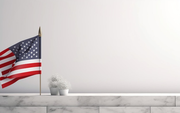 A flag on a counter with a white background and a small plant in the corner.