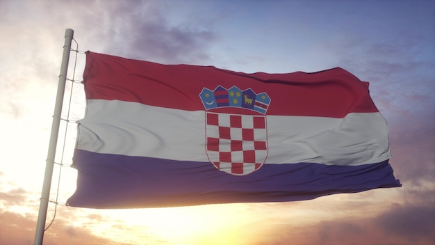 Флаг Хорватии развевается на фоне ветра, неба и солнца. 3D-рендеринг.