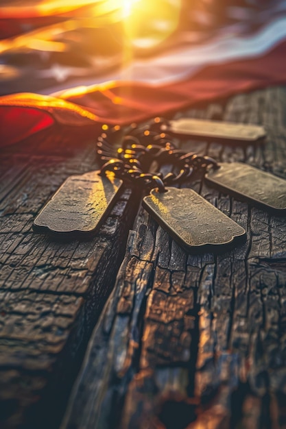 Photo flag and dog tags on wooden surface sunset shallow depth of field studio lighting