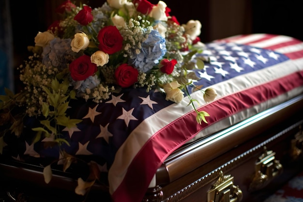 Photo a flag draped coffin with flowers on it