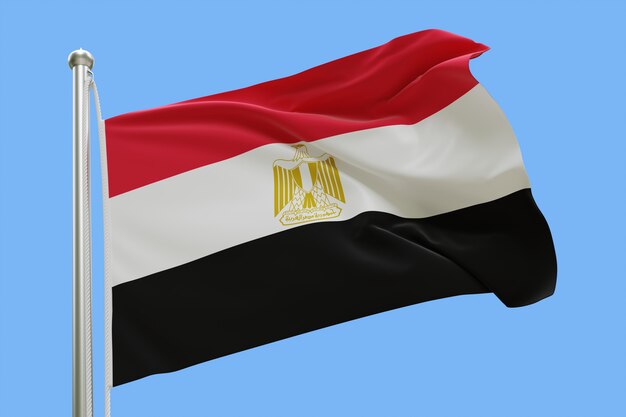 Flag of Egypt on flagpole waving in the wind isolated on blue background