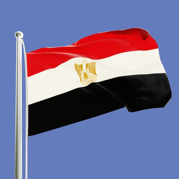 Flag of Egypt on flagpole waving in the wind isolated on blue sky background