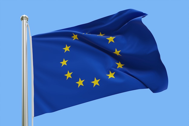 Flag of Europe On Flagpole Waving in the Wind. Isolated On Blue Sky