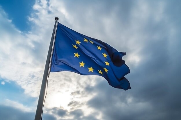 The flag of the European Union against the blue sky