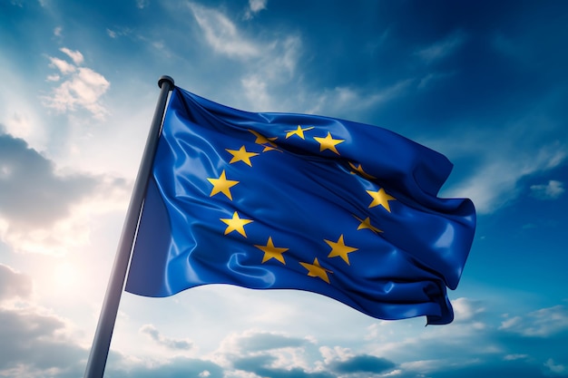 The flag of the European Union on the background of the sky The flag flutters in the wind AI gener