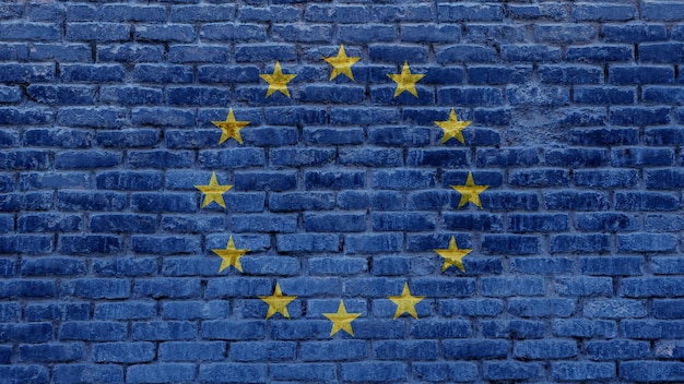 Flag of european union on brick wall background on town street exterior old stone bricks texture with europe banner international diplomatic relations concept