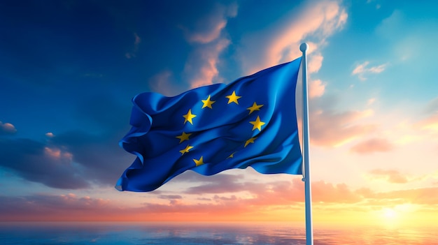 flag of european union waving in the sunset