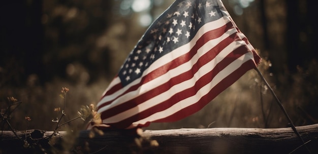 A flag on a fence with the american flag on it