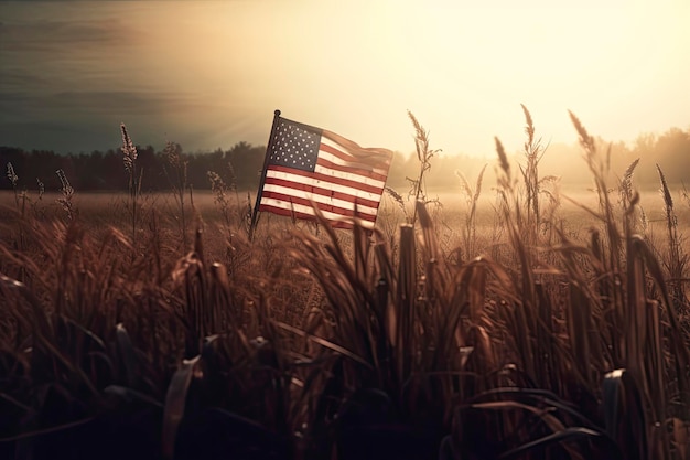 A flag in a field with the sun setting behind it