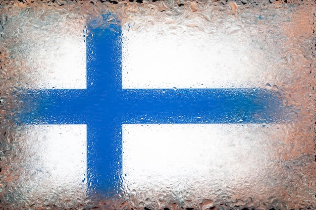 Flag of Finland Flag of Finland on background of water drops Flag with raindrops Splashes on glass