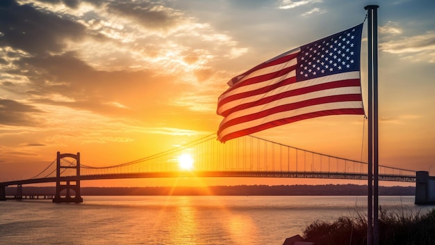 A flag flies over a bridge at sunset