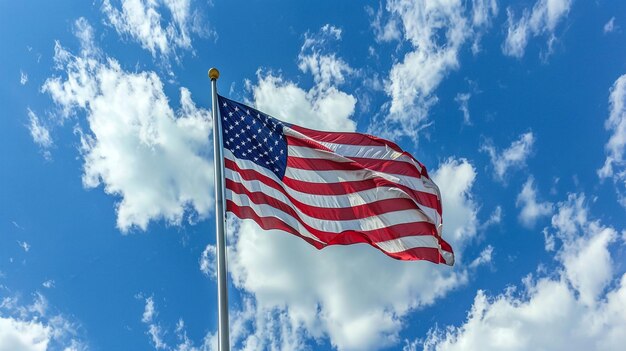 a flag flies in the sky with clouds in the background