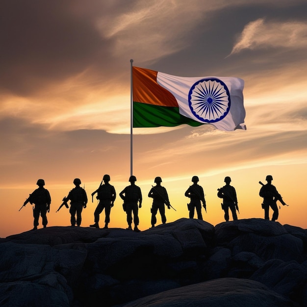 a flag flies over a sunset with a silhouette of soldiers in front of it