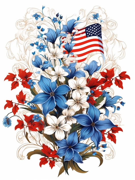 a flag and flowers adorn a wall in the usa.