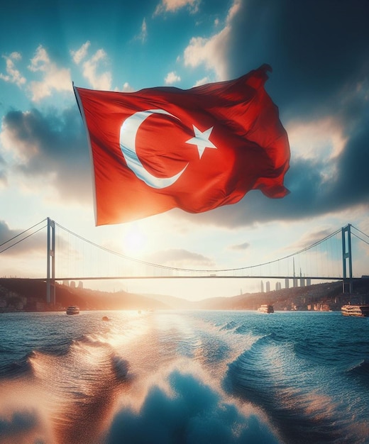 a flag flying over a bridge with a bridge in the background