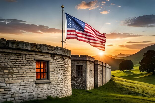 Photo a flag flying in front of a building with the sun setting behind it.