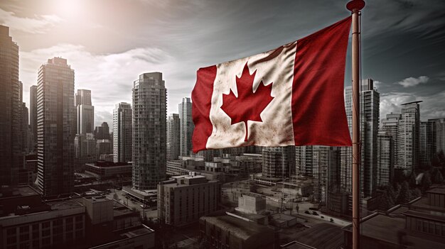 A flag flying in front of a cityscape