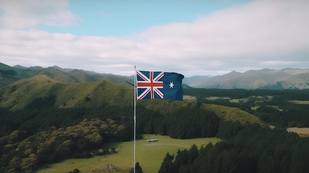 Photo a flag flying in front of a mountain range