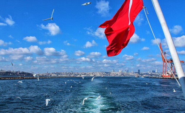 Flag flying over sea against sky in city