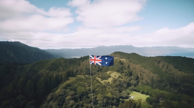 A flag flying in the sky above a mountain range.