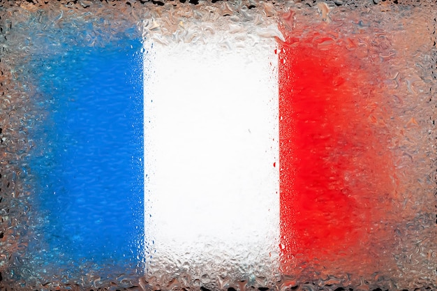 Flag of france flag of france on background of water drops flag with raindrops splashes on glass