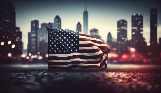 A flag in front of a cityscape with the city in the background