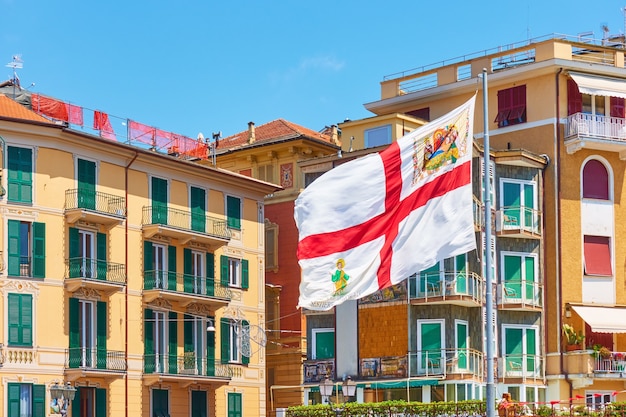 Flag of Genoa in the wind in Rapallo, Italy