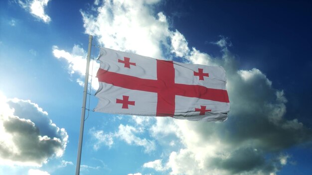 Flag of Georgia waving at wind against beautiful blue sky 3d rendering