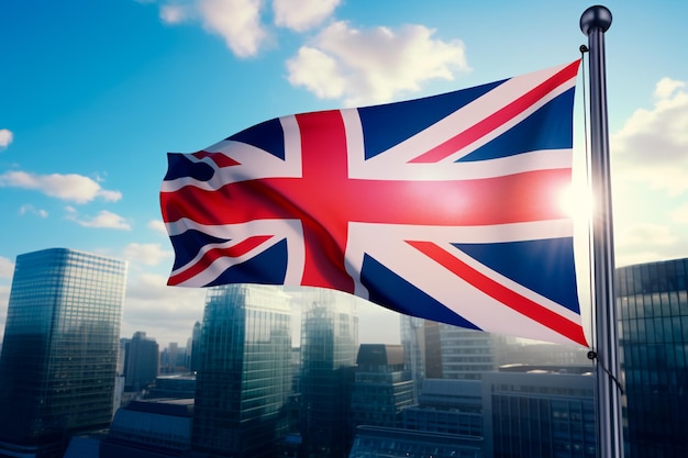 Флаг Великобритании на фоне городских небоскребов