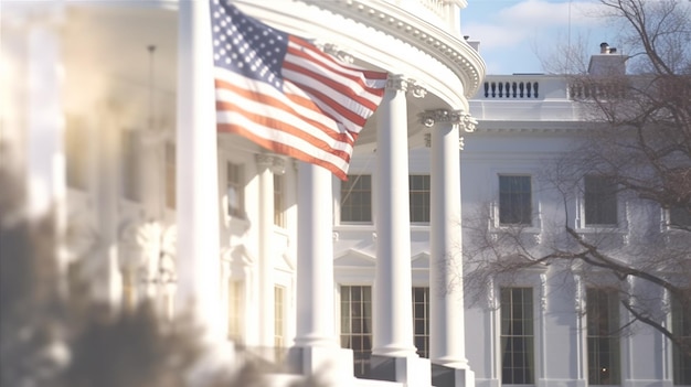 A flag hangs from the white house