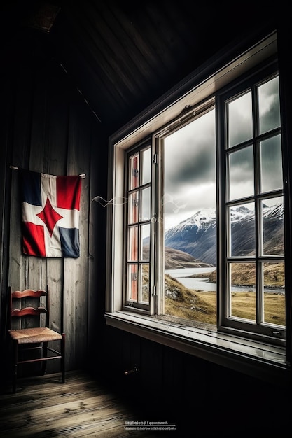 A flag hangs from a window in a room with mountains in the background.