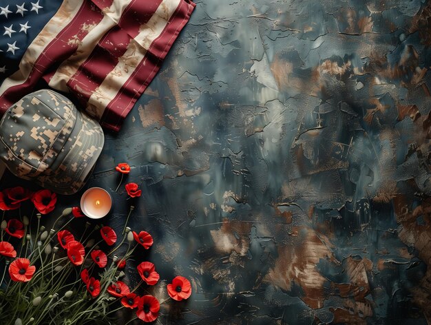 A flag a hat and a candle are on a table