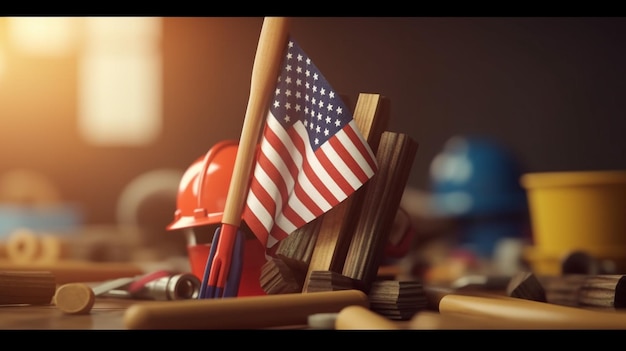 A flag and a helmet with the american flag on it