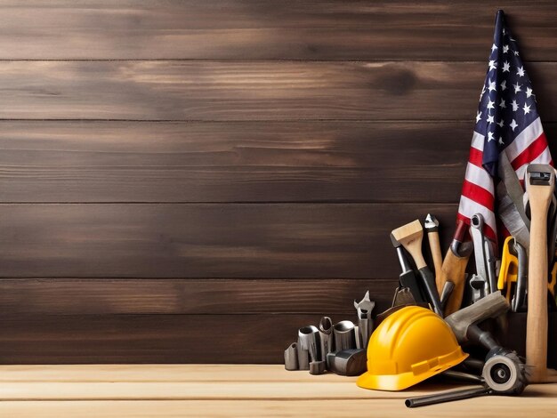 Photo a flag and a helmet with a flag and a hard hat on it