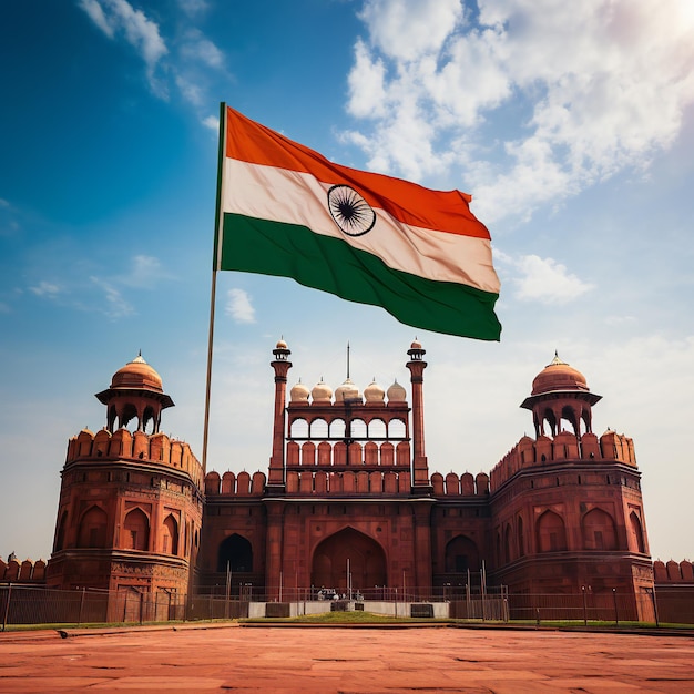 The Flag of India Soaring High above the Redfort