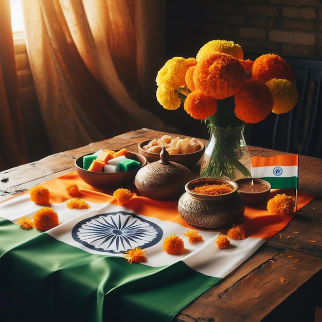 테이블 위 에 있는 인도 국기