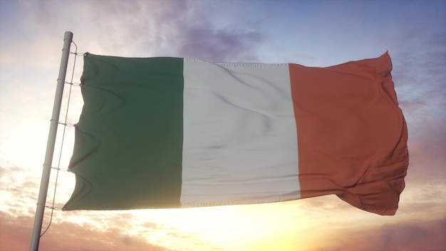 Флаг Ирландии развевается на ветру. Символ Республики Ирландия. 3d рендеринг