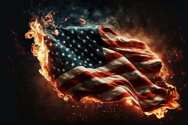 A flag is burning on a black background with the word usa on it.